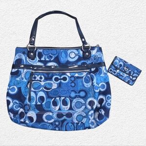 Authentic COACH POPPY GLAM Large Tote Bag Purse 19881 Denim Blue With Wallet